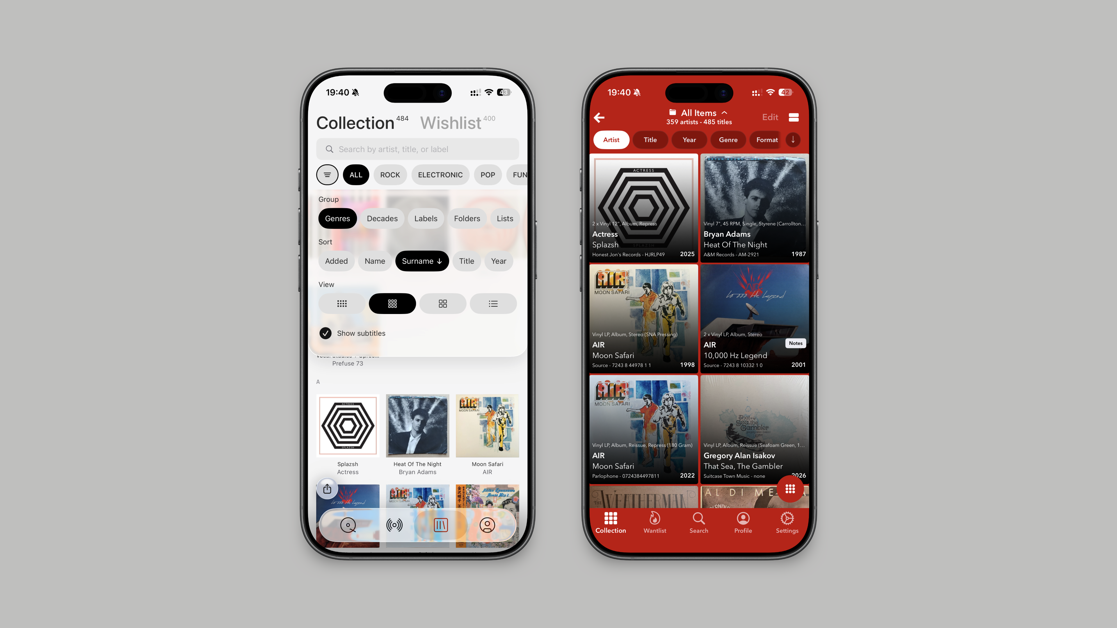 Plastic's collection controls beside Discographic's grid and sorting controls