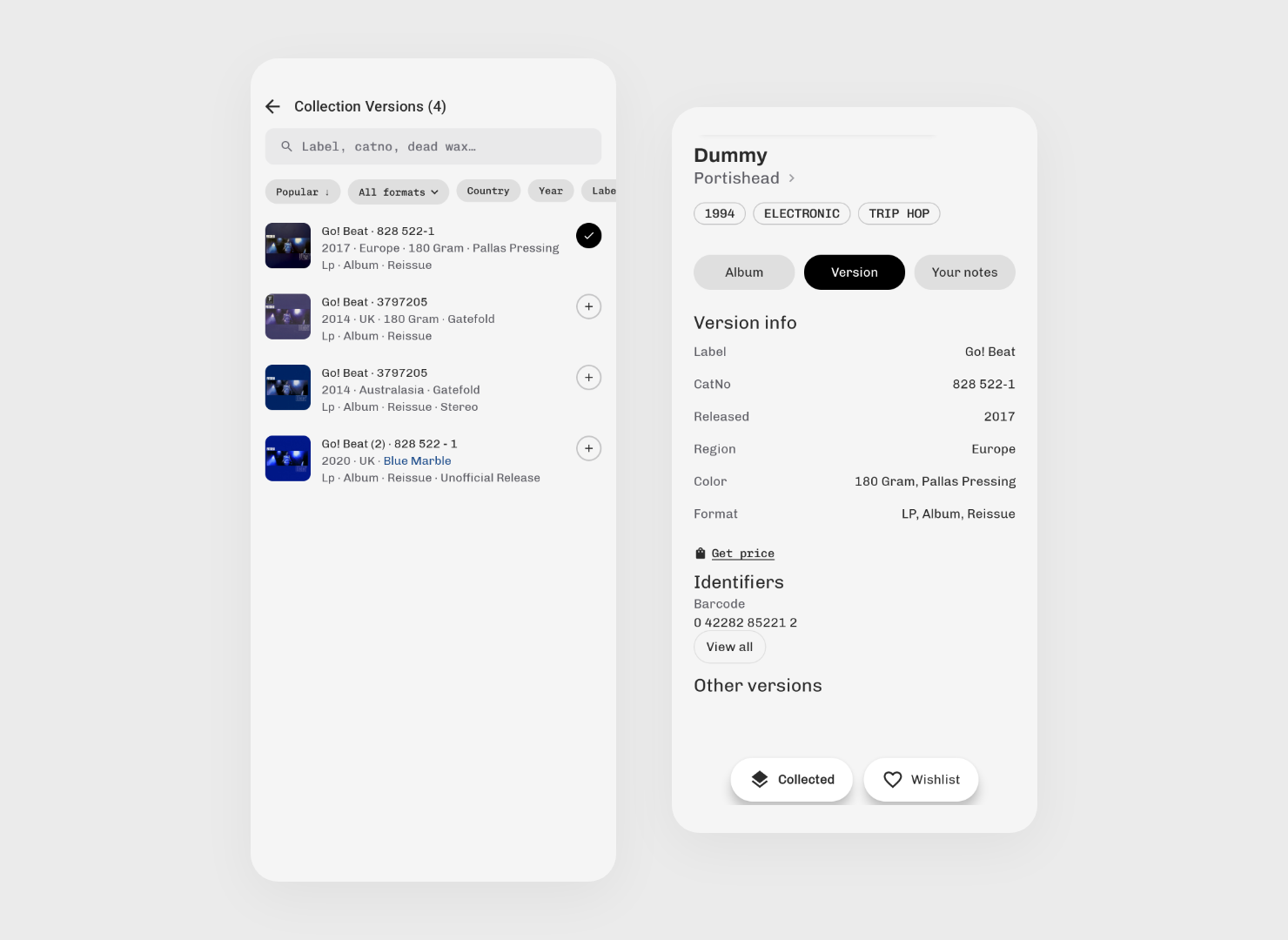Android version picker for Dummy beside its label, catalogue number and identifiers