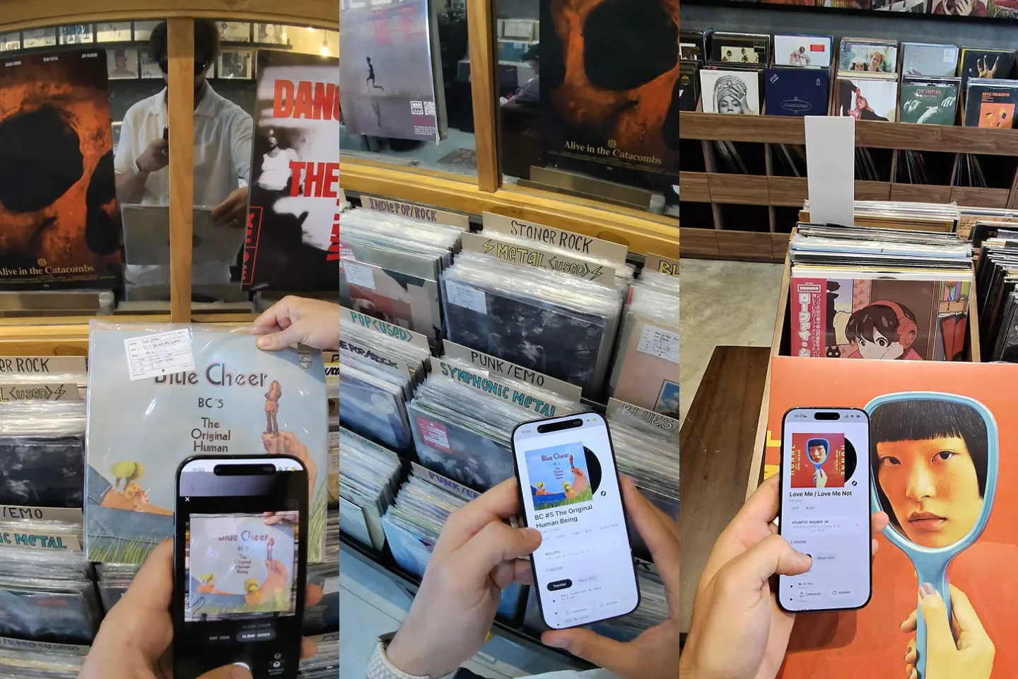 Plastic identifying three record covers in record shops